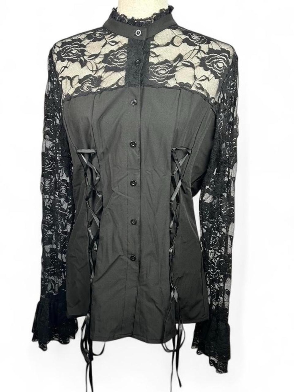 Women’s Black Victorian Lace Goth Long Sleeve Blouse